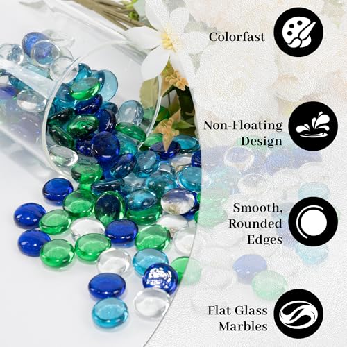 Flat Glass Marbles, 0.97 lb Vase Filler Pebbles Gems, Decorative Glass Beads for Vases, Crafts, Floral, Mancala Stones, Aquarium Rocks for Fish Tank(Approx. 80-100 PCS),Mixed Green and Blue - color: Green-blue