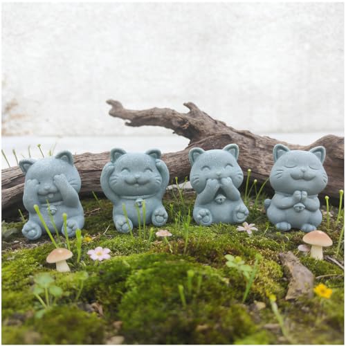 livelyfish Cute Cat Figurine Lucky Cat Statue Sandstone Animal Sculpture Tea Pet Tabletop Ornaments Micro Landscape Fairy Garden Aquarium Decor (C) - color: C