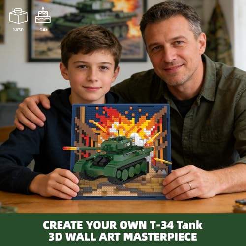 Military Tank 3D Wall Art Micro Mini Building Blocks Set, WW2 T-34 Tank Collection Display Model & Wall Decor, No Compatible with Lego, Great Army Vehicle Toy Gift for Adults Teens 14+ (1430 PCS) - style: T-34 Military Tank