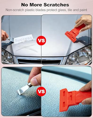 Dual-Width Plastic Razor Blade Scraper Tool Non Scratch - 2-Pack With 100 Blades, Single Or Double Wide Head, Removes Stickers, Labels, Decals, Adhesive & Paint On Glass, Cooktops, Car Windows & Tiles