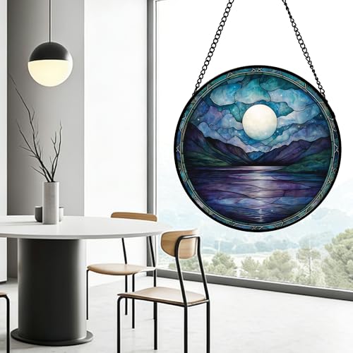 DASTOLL Stained Glass Window Hanging, Blue Night Moon Lake Sun Catchers Colorful Glass Panel Landscape Suncatcher Decor for Birthday for Women, Men, Wife, Aunt, and Mom 14.9x14.9 in - color: Blue and White, size: 14.9x14.9 IN