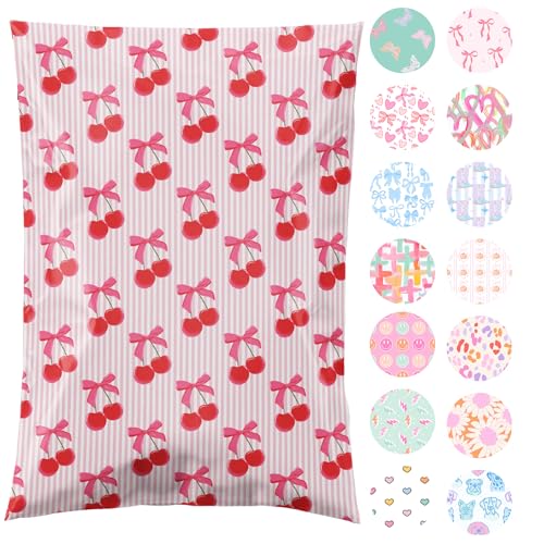 Pretty Package Store 6x9 Designer Poly Mailer 100 Pack Heavy Duty Waterproof Self Seal Shipping Bags for Small Business Large Mailing Envelopes Bulk Tear Resistant Packaging Pink Stripe Cherry Fruit - color: Cherry, size: 6x9