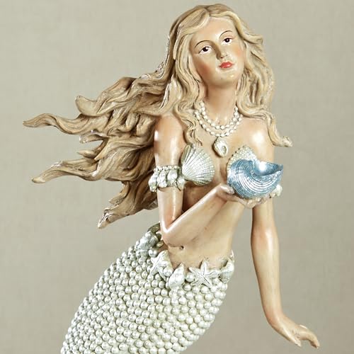 Touch of Class Oceana Mermaid Coastal Sculpture | Handpainted Resin Figurine | Pearlescent Accents, Blue Shell & Pearl-Toned Tail | 16" Decorative Mermaid Statue for Beach or Ocean Decor