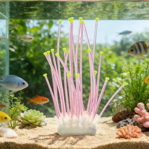 Realistic Coral Aquarium Decor with Weighted Base, Soft Silicone Tentacle Ornament Lifelike Moving for Freshwater Saltwater Fish Tank, Safe Shelter for Fish Shrimp Invertebrates Aquascaping (Pink) - color: Pink