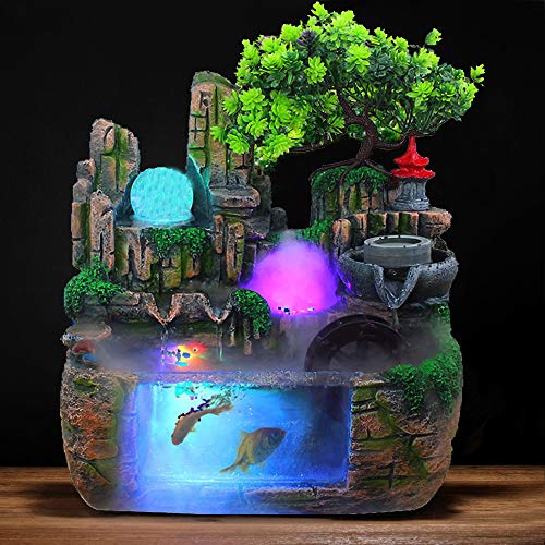 DNYSYSJ Tabletop Waterfall Fountain with Rockery, Mini Silent Indoor Ornament Desk Water Fountain Desktop Simulation Resin with Atomizer LED Small Fish Tank for Office Bedroom Home Decor Windmill