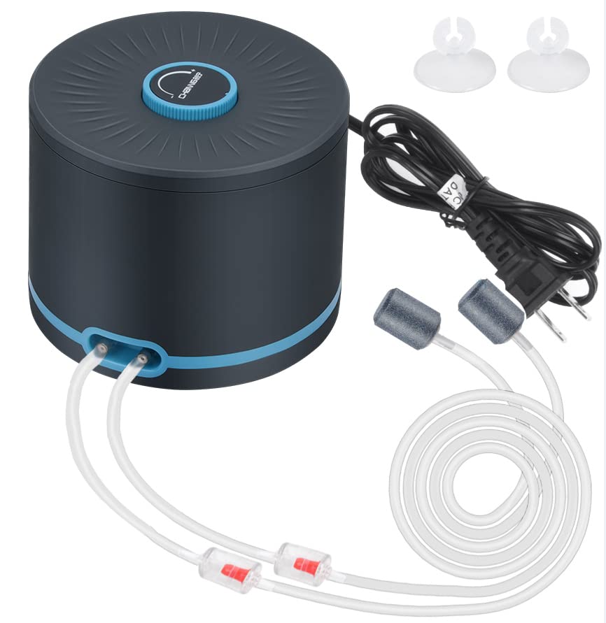Persuper Aquarium Air Pump Dual Outlets, Super Quite Fish Tank Air Pump 20-600 Gallons, 5W 110V Adjustable High Output Silent Oxygen Aerator Pump with Air Stone Airline Tubing Check Valve Accessories - style: Black Pump 4W Valves