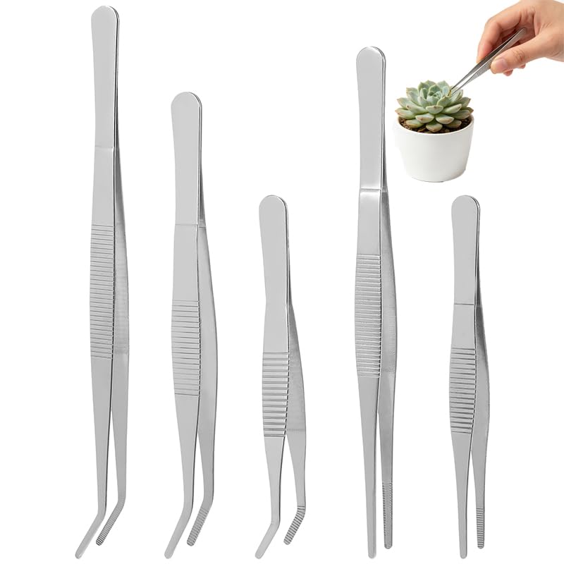 5pcs Stainless Steel Garden Tweezers Set, Precision Long Plant Tweezers for Succulent Bonsai Terrarium Craft Aquarium Gardening Tools