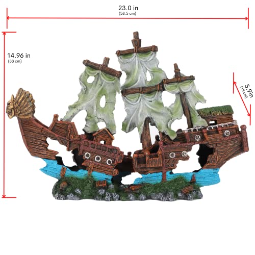 XXL Shipwreck Aquarium Large Decorations Ornament w/Sail (2 Pieces) 20 Gallons high and Larger Fish Tank, Sunken Ship Decoration Ornaments, Pirate Boat, Resin, Freshwater Saltwater Decor - size: 23" x 15"
