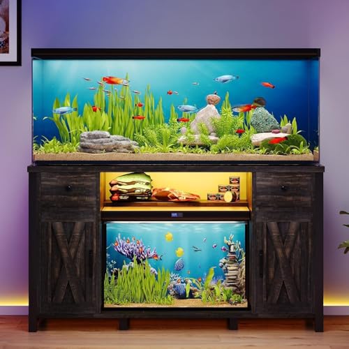 55-75 Gallon Fish Tank Stand with Power Outlet & LED Lights, Heavy Duty Aquarium Stand with Storage Drawers & Barn Doors, Reptile Tank Cabinet for Turtle, Reptile Terrarium, Dark Oak - color: Dark Oak