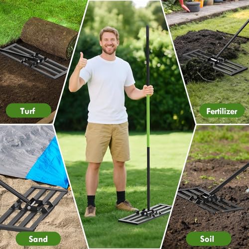 Seeutek Lawn Leveling Rake, 30” x 10” Lawn Leveler with 6.5FT Handle Rakes for Lawns, 0-180° Adjustable Ground Leveler Tool for Yard, Level Soil Sand Dirt Surfaces - size: 30"*10"