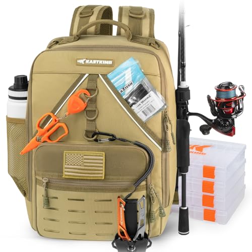 KastKing KarryAll Fishing Tackle Backpack with Rod Holder 4 Tackle Boxes,40/26L Tackle Bag Storage Fishing Gear and Equipment - color: E: Medium (26 L) - Khaki