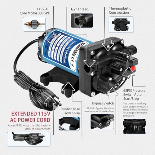 WASSERMANN 115V AC Water Diaphragm Pump,5.5GPM 60PSI 1/2" NPSM with 8.2ft Power Cord & Plug,Self-Priming Fresh Water Pressure Booster Pump,Pressure Switch, for Garden Kitchen Bathroom RV Marine Camper - color: Blue4