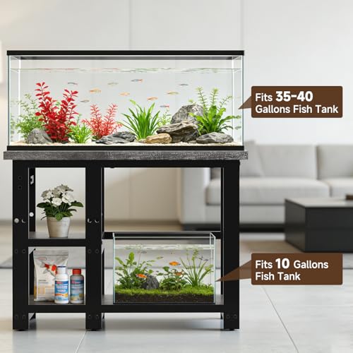 AQQA 35-40 Gallon Fish Tank Stand with 5 in 1 Power Outlets, 31x18 Inch Heavy Duty Metal Frame Aquarium Stand, Adjustable Storage Shelves, 620LBS Capacity Terrarium Stand, 3 Tiers Reptile Tank Stand