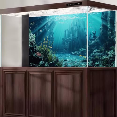 Ocean Fairy Tale Aquarium Background Sunken Ancient Castle Ruins Fish Tank Background Aquatic Seagrass Coral Reefs Submerged Structure Terrarium Backgrounds Underwater City Tank Backgrounds 24x12in - color: Blue_Grey, size: 24(W)x12(H)in