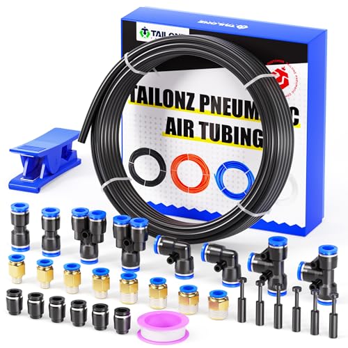 TAILONZ PNEUMATIC Black 8MM or 5/16 Inch OD 10 Meter 32.8ft PU Polyurethane Air Tubing Kit Pipe Hose Air Line Tubing Air Hose Fittings Push to Connect Fittings(31PCS) - color: Black, size: 5/16" OD - 32.8 FT