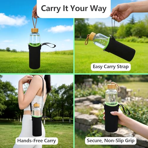 Sursip 32 oz Glass Water Bottle - Nylon Bottle Protection Sleeves, Bamboo Lid, And 1L Time Marked Measurements, Reusable, Eco-Friendly, Safe for Hot Liquids Tea Coffee Daily - color: Black-Bamboo