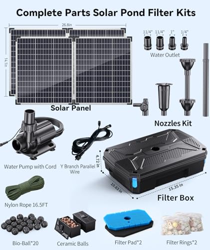 Solar Pond Filter & Pump Kit, 100W Foldable Solar Panel with 3-Stage Filtration, Dual Mode Fountain & Waterfall Pond Filter for Outdoor Ponds, Fish Ponds, Garden Water Features - style: 100W-Solar Powered
