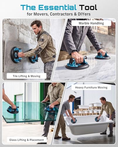 SEESII Suction Cups for Glass Lifting: 8" Tile Suction Cup Lifter with Handle and Pump, 200KG Load Capacity Heavy Duty Vacuum Lifter for Lifting Large Tile, Granite, Metal, Windows (2-Pack) - color: Blue