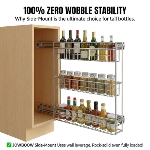 JOWBOOW Narrow Pull Out Cabinet Organizer, 4" Skinny Side Mount Spice Rack for Frameless Cabinets, Heavy Duty 3-Tier Zero Wobble Slide Out Shelf - size: 4"W Side-Mount (Frameless ONLY!)