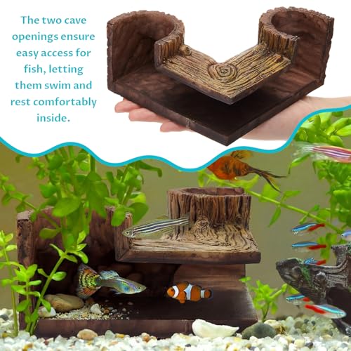 2 Pcs Aquarium Underground Tunnel Cave Wood Like, 5.1 x 2 x 2.7 Inch Fish Hideout for Aquarium, Decoration for Guppy, Corydoras Catfish, Loaches, Corydora Catfish Bettas Pleco and Shrimps