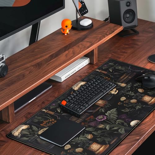 Vintage Aesthetic XL Extended Large Gaming Mouse Pad - Black Academia Mystical Green Plant Design - Computer Laptop Keyboard and Mouse Mat Desktop Protector - 31.5 x 15.8 in - color: Dark Theme
