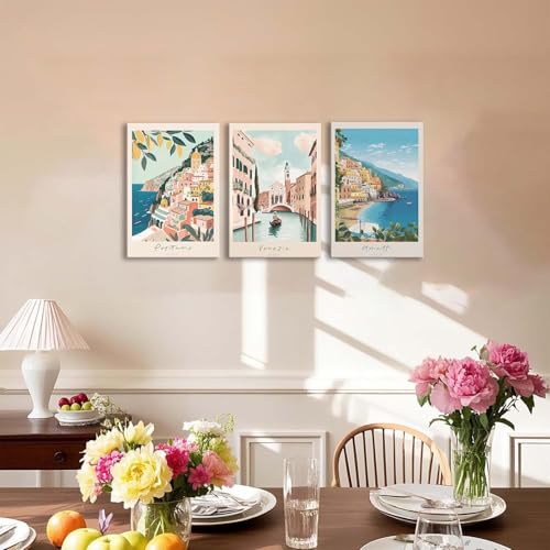 XLARTMY Italy Amalfi Coast Travel Posters Wall Art Framed Canvas Decor City Landscape Blue Venice Coast Painting Beach Modern Artwork for Living Room Bedroom Bathroom Office Set of 3 16x24in - color: Travel Coast, size: 16x24in Canvas