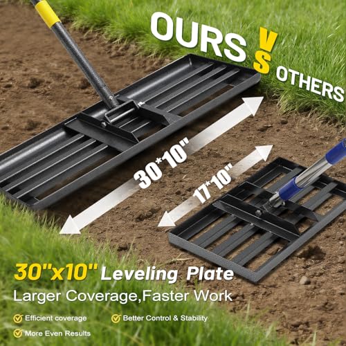 Lawn Leveling Rake,30x10 Inch Ground Plate,72 Inch Adjustable Long Handle Yard Level Tool with Curved Edge,Heavy Duty Large Landscaping Lawn Leveler for Grass, Golf Field, Soil Sand Dirt Spreader - size: 30"x10", 80"