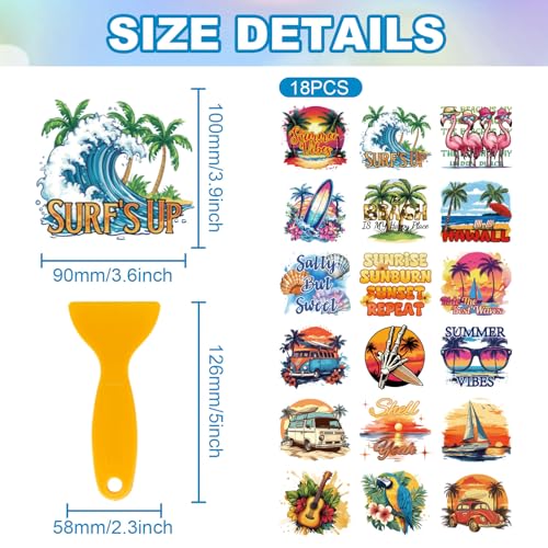 GLOBLELAND 18 Sheets Summer Beach Transfer Stickers 3.9x3.6inch Surfing Decals Stickers Parrots and Flamingos Rub on Transfer for Furniture Vase Glass Mason Jar Decorations Art Crafts - style: Summer Beach