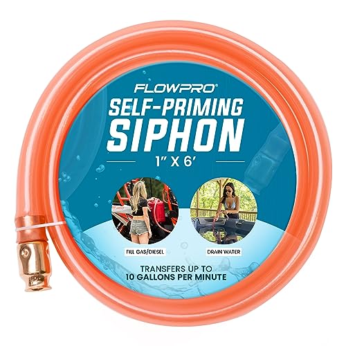 1” x 6’ Self-Priming Shaker Jiggler Siphon Hose, FlowPro Siphon Gas & Fuel Transfer Pump, Gas Can Siphon for Boats, Jet Ski, Pontoon. Water Siphon Pump for Hot Tub Drain and Cold Plunge | 10 GPM