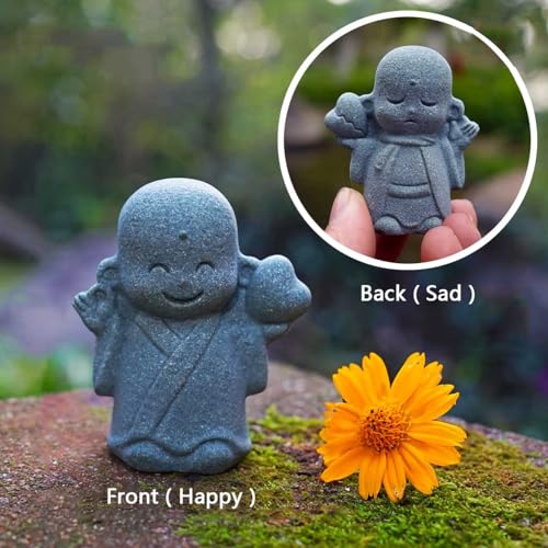 Praying Monk Statue Japanese Buddha Bosatsu Happy/Smiling Sandstone Ornament for Fish Tank Aquarium Bonsai Figures Feng Shui Decoration (A)
