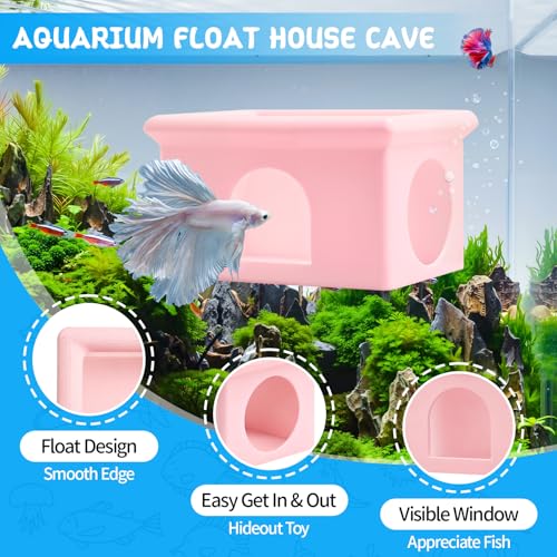 Floating Betta Fish Hammock Cave House for Aquarium, 3D Printed Betta Shrimp Feeder & Hideout Cave Toys, Small Aquarium Feeding Ring Decor, Turtle Fish Tank Decorations Accessories -Pink - color: Bright Pink
