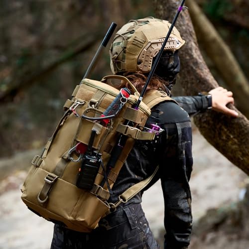 Tactical Fishing Backpack with Rod Holders,35L MOLLE Tackle Bag Water Resistant for Men and Women,Outdoor Gear Storage for Saltwater and Freshwater (Brown) - color: Brown
