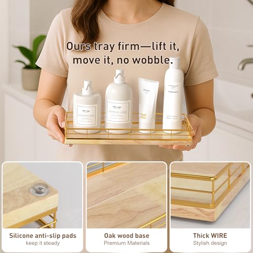 Toilet Paper Basket Organizer – Oak Wood Toilet Tank Tray with Metal Frame, Bathroom Counter Top Storage for Toilet Paper, Wipes & Decor, Modern Narrow Back of Tank Shelf Organizer, Gold & Nature Oak - color: Gold & Oak, size: 13" x 6.5" x 2"