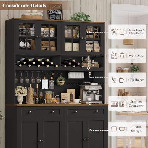 HOSTACK 75.4" Tall Kitchen Pantry Cabinet with Charging Station, Modern White Kitchen Hutch with Microwave Stand and Wine Rack, Large Food Pantry Storage Cabinet with Glass Doors and Drawers, Black - color: Black
