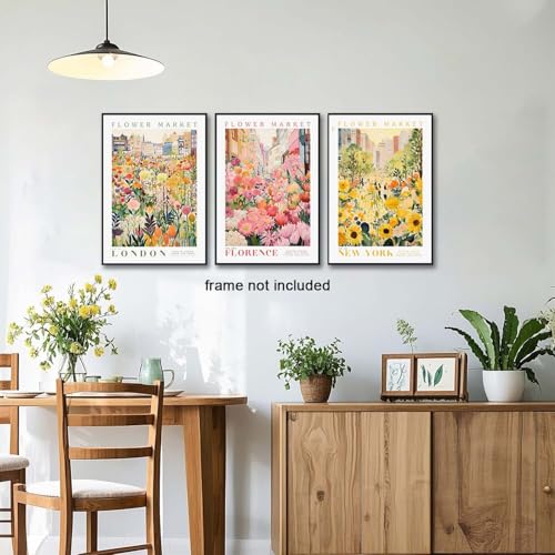 XLARTMY Flower Market Wall Art Print Canvas Yellow Pink Floral Paintings Colorful Botanical Sunflower Artwork Travel Poster for Decor Picture 3 pieces for Living Room Bedroom Bathroom 16x24in Unframed - color: Flower Market-2, size: 16x24in Poster