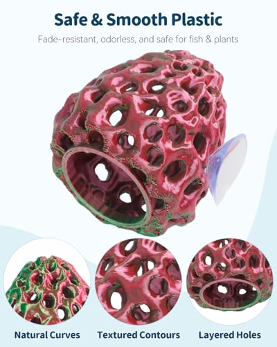 Uniclife Shrimp Cave, Shrimp Hides for Aquarium, Realistic Plastic Aquarium Coral Rock Decorations with Suction Cup, Betta Hideout Tank Accessories for Fish Tank Decor, Red-to-Green Gradient - color: Red-to-green Gradient