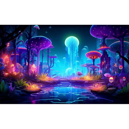 Fantasy Forest Aquarium Background Mysterious Plants Abstract Mushrooms Cartoon Style Forest Terrarium Backdrop Tranquil Stream Fish Tank Background Wallpaper Poster Decor Vinyl 24x12in - color: Blue Purple, size: 24(W)x12(H)in