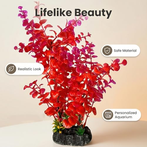 Mipukbay Red Aquarium Plants - Artificial Plastic Fish Tank Decor, Realistic Ornament Safe for Fish & Shrimp, Low-Maintenance Aquascaping Plants for Freshwater/Saltwater Tank Landscaping - color: Red