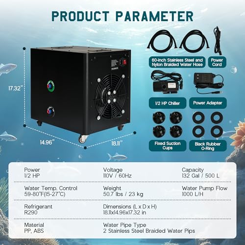 Albott 132 Gal Aquarium Water Chiller, 1/2 HP Fish Tank Chiller with Water Pump & 2 Pipes, Quiet Compressor Aquarium Cooler for Axolotl, Coral, Shrimp Tanks & Hydroponics, 110V Black - size: 1/2 HP