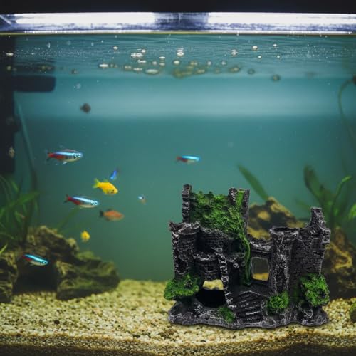 Mipukbay Green Aquarium Decor Castle, Resin Fish Tank Decoration Ornament for Freshwater/Saltwater, Safe Landscape Rock Cave Hideout for Betta Fish, Goldfish and Aquatic Pets - size: Castle