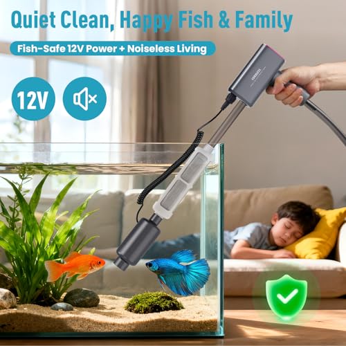 Electric Aquarium Vacuum Gravel Cleaner: Rechargeable Fish Tank Cleaner with 4 Adjustable Suction, Anti-Clog for Debris Clean & Sand Washing,Automatic Water Changer with 12V Safe for Small/Large Tanks