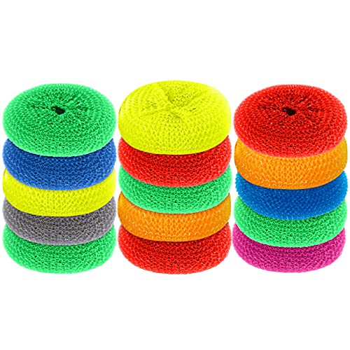 Blulu Plastic Dish Scrubbers for Dishes Pot Round Nylon Pad, Mesh Scouring Non Scratch Pads(Rainbow Colors,15 Pieces) - color: Rainbow Colors