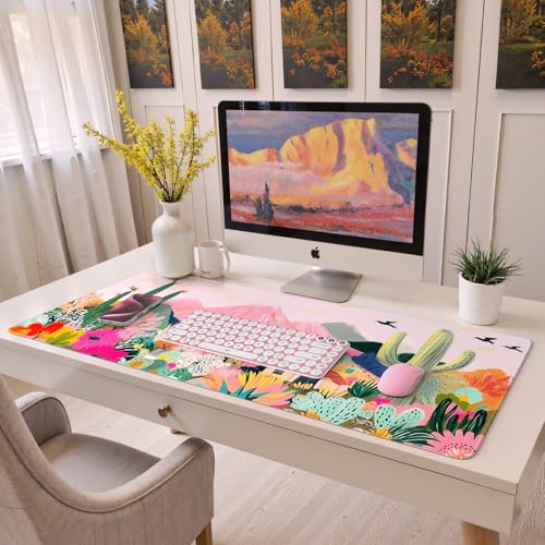 iCasso Large Gaming Mouse Pad (35"x16") - Waterproof Desk Mat with Non-Slip Rubber Base & Stitched Edges - Extended Keyboard Mousepad for Computer, PC, Office, Home Workspace (Cactus) - color: A-cactus