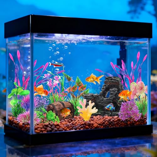 QUOZUO 15 Pcs Aquarium Artificial Plastic Plants Decorations and Resin Barrel and Coral Rock Cave Set, Fish Tank Accessories Hideout Ornaments Aquarium Decor Set