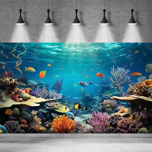 Underwater World Aquarium Background Tropical Fishes on Coral Reef Terrarium Background Oceanarium Deep Sea Colorful Marine Panorama Landscape Theme Fish Tank Backdrop Decorations Poster 24x12in - color: Orange Blue, size: 24(W)x12(H)in