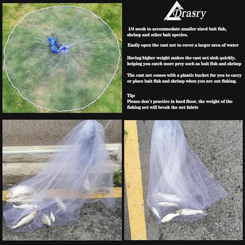 Drasry Saltwater Fishing Cast Net for Bait 3/8 1/4 or 1/2 with Heavy Sinkers Fish Trap Throw Net. Size 3ft/4ft/5ft/6ft/7ft/8ft/9ft/10ft Radius Freshwater Nets - size: 5FT (150cm) Radius, style: 1/4 Mesh Lead Sinkers-mono