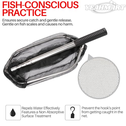 Yeahmart Fishing Landing Net with Telescopic Aluminum Handle Pole, Collapsible Nylon Mesh Minnow Fish Net for Saltwater & Freshwater, Portable Fishing Gear for Kids, Men, Women, Extends 21-75 Inches - style: 61.4" Full Length (4 Sectional Handle)