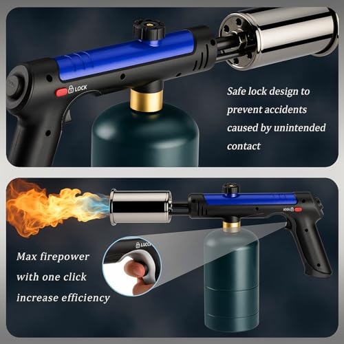 Powerful Propane Torch Gun, Kitchen Torch With Adjustable Flame, Flamethrower Blow Torch for BBQ, Campfire, Searing Steak, Camping (Propane Tank Not Included)-Blue - color: Blue