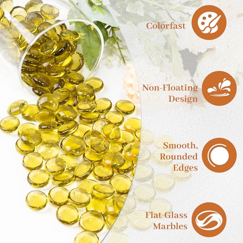 Yellow Flat Glass Marbles, 0.97 lb Vase Filler Pebbles Gems, Decorative Glass Beads for Vases, Crafts, Floral, Mancala Stones, Centerpieces, Aquarium Rocks for Fish Tank(Approx. 80-100 PCS) - color: Yellow