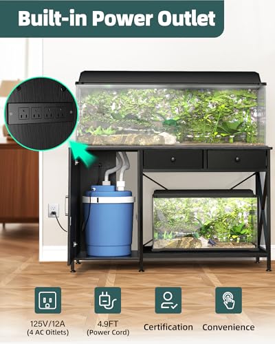 Fish Tank Stand for 55-75 Gallon Fish Tank: Aquarium Stand with Power Outlet - Metal 55 Gallon Tank Stand with Cabinet Drawer Storage for Turtle Tank, Reptile Terrarium (Black 1200LBS Capacity) - color: Blcak, size: 55-75 Gallon